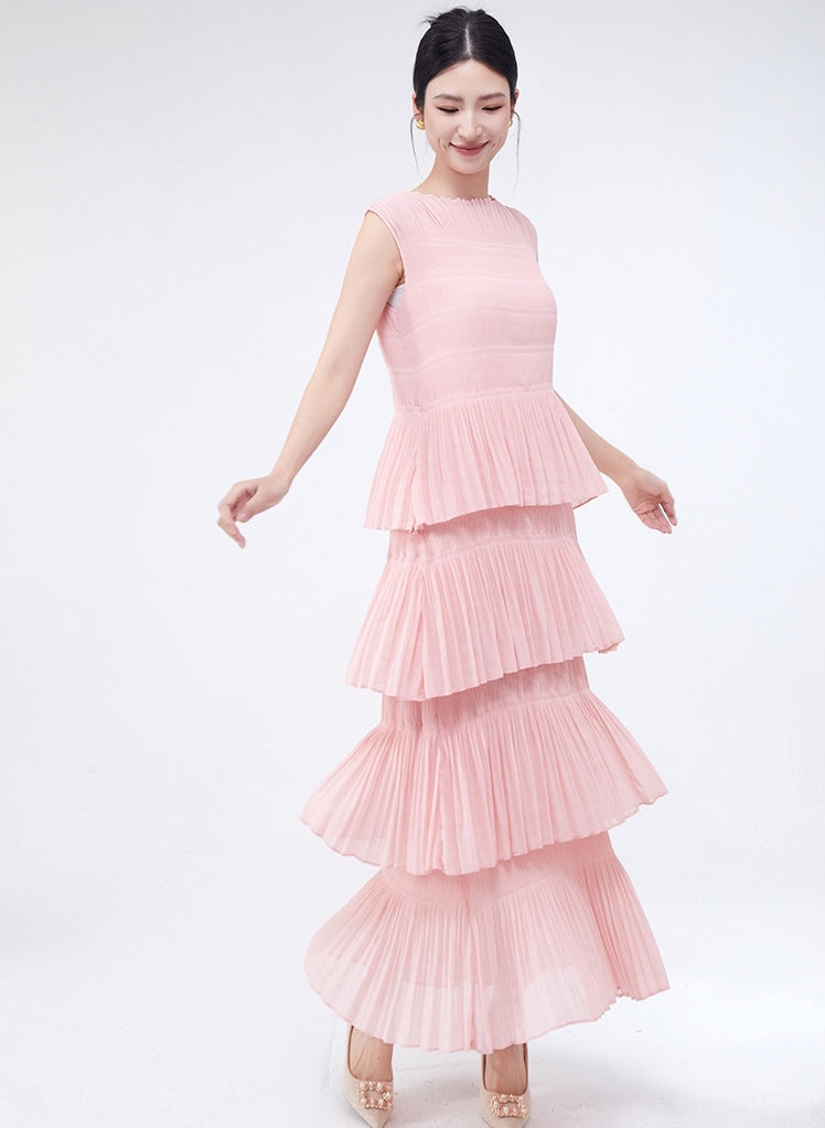 Cotton Candy Multi Tiered Pleated Pink Dress