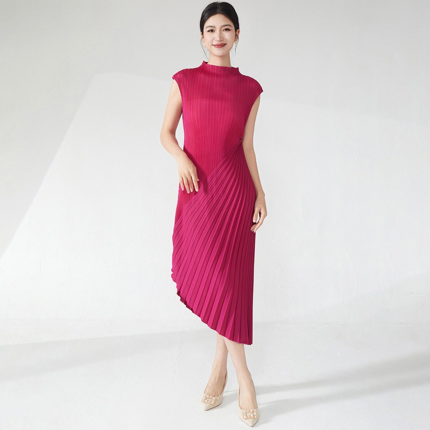 Rose Red Pleated Asymmetrical Dress