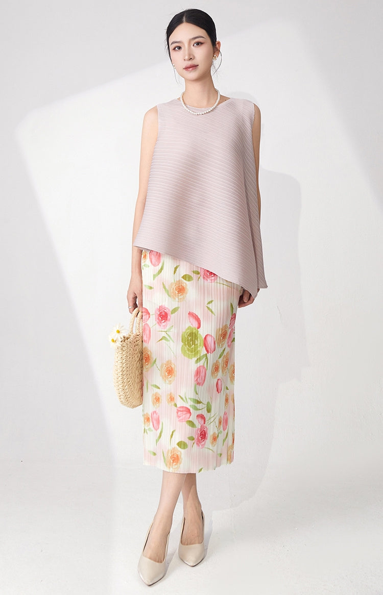 Mauve Pleated Top & Floral Pleated Skirt Set