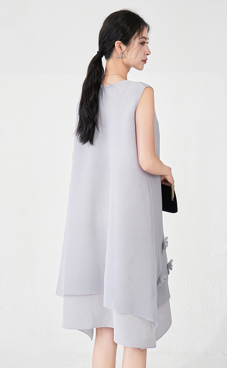 Pleated Floral Applique Ash Grey Dress