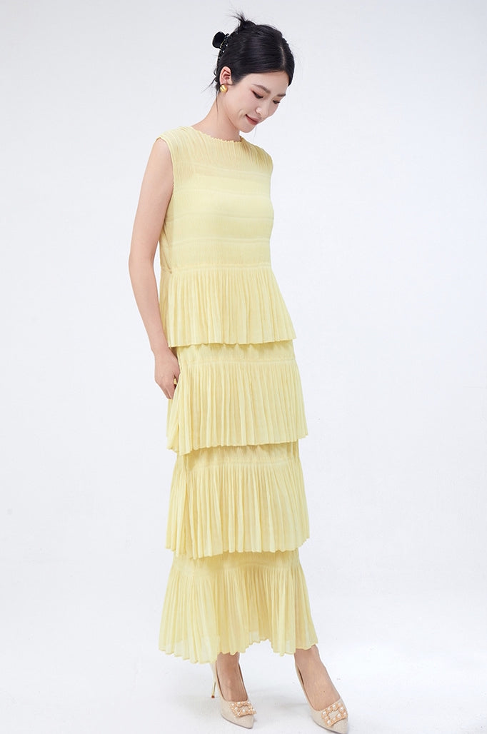 Sunbeam Pleated Multi Tiered Yellow Dress