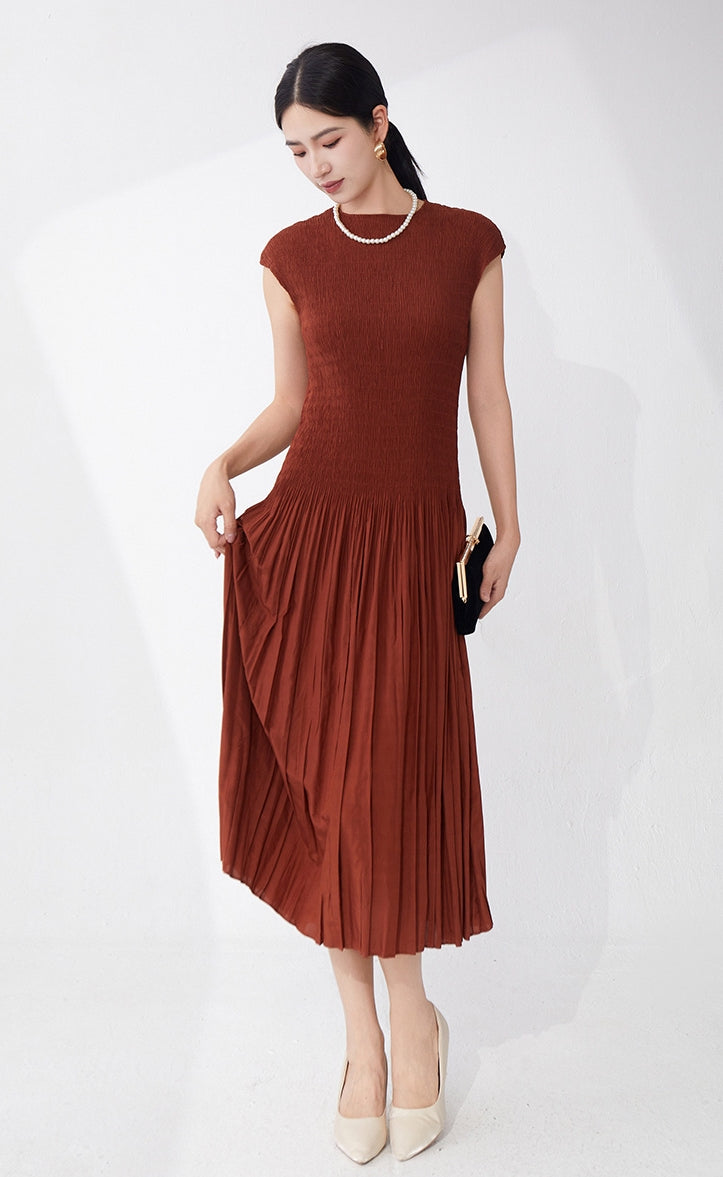 Cocoa Drape Pleated Brown Dress