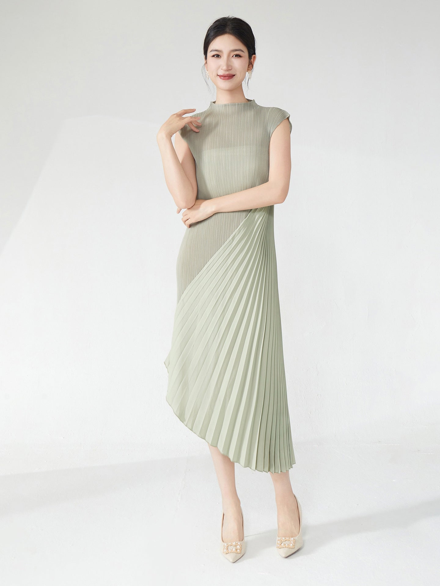 Ash Green Pleated Asymmetrical Midi Dress