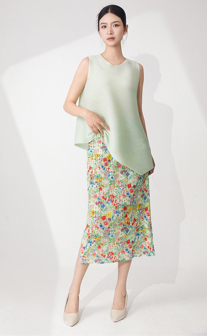 Pistachio Pleated Top & Floral Pleated Skirt Set