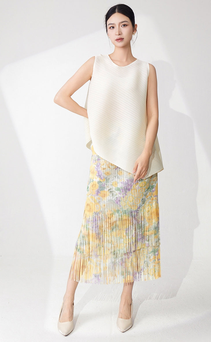 Ivory Pleated Top & Floral Tiered Pleated Skirt Set