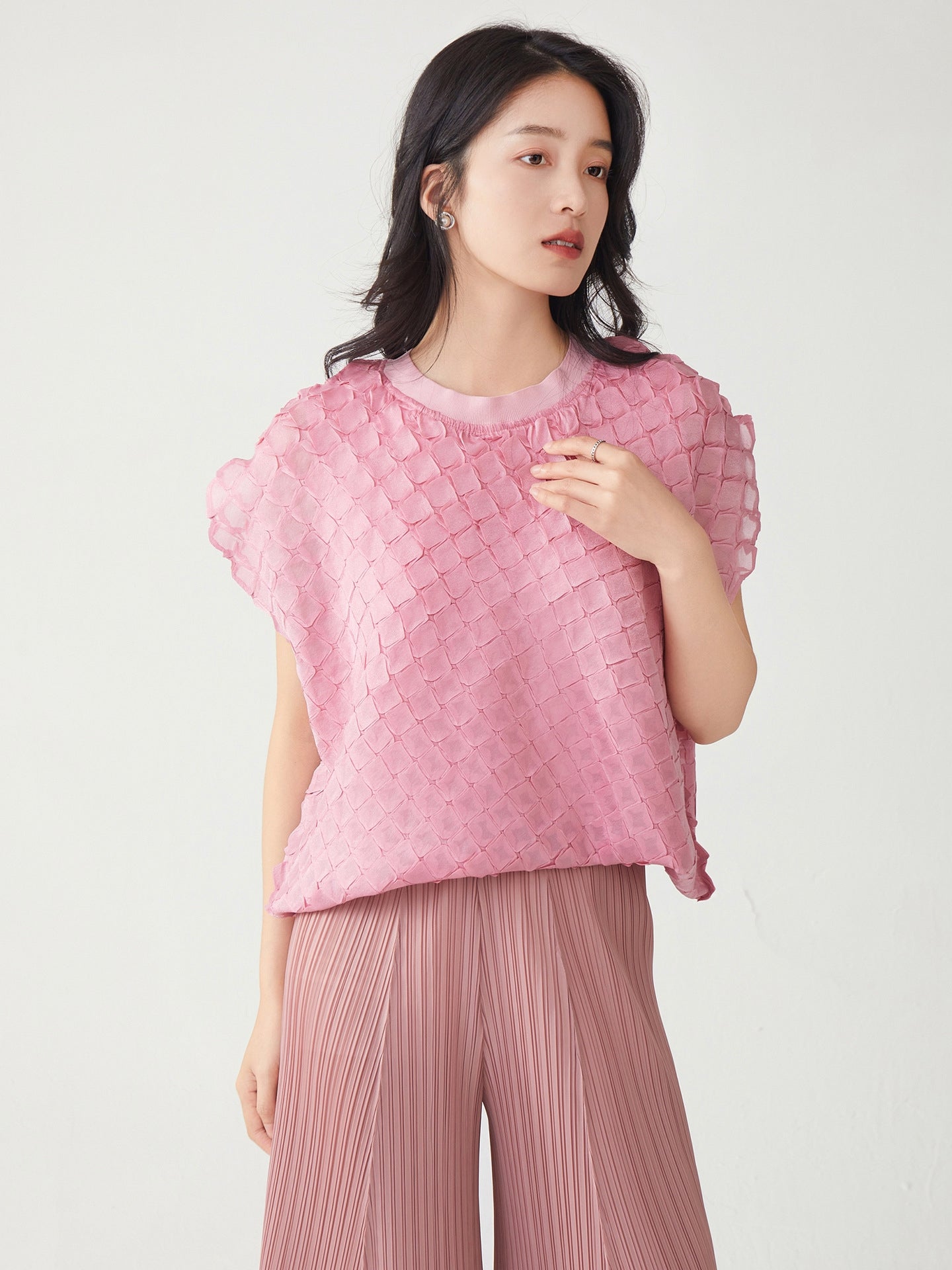 Rosé Petal Mesh Miyaki Fold Pullover Top