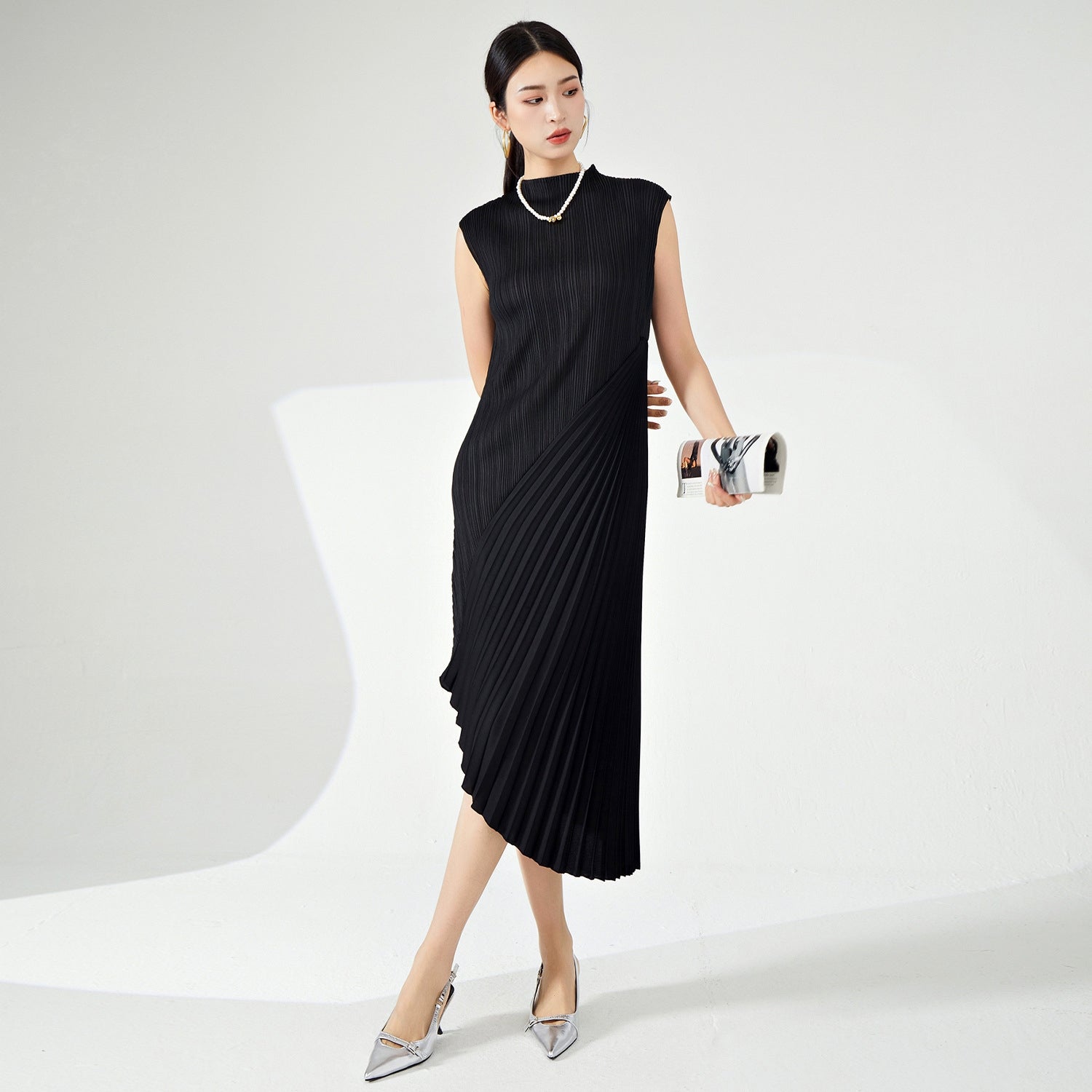 Shadow Fold Pleated Black Dress