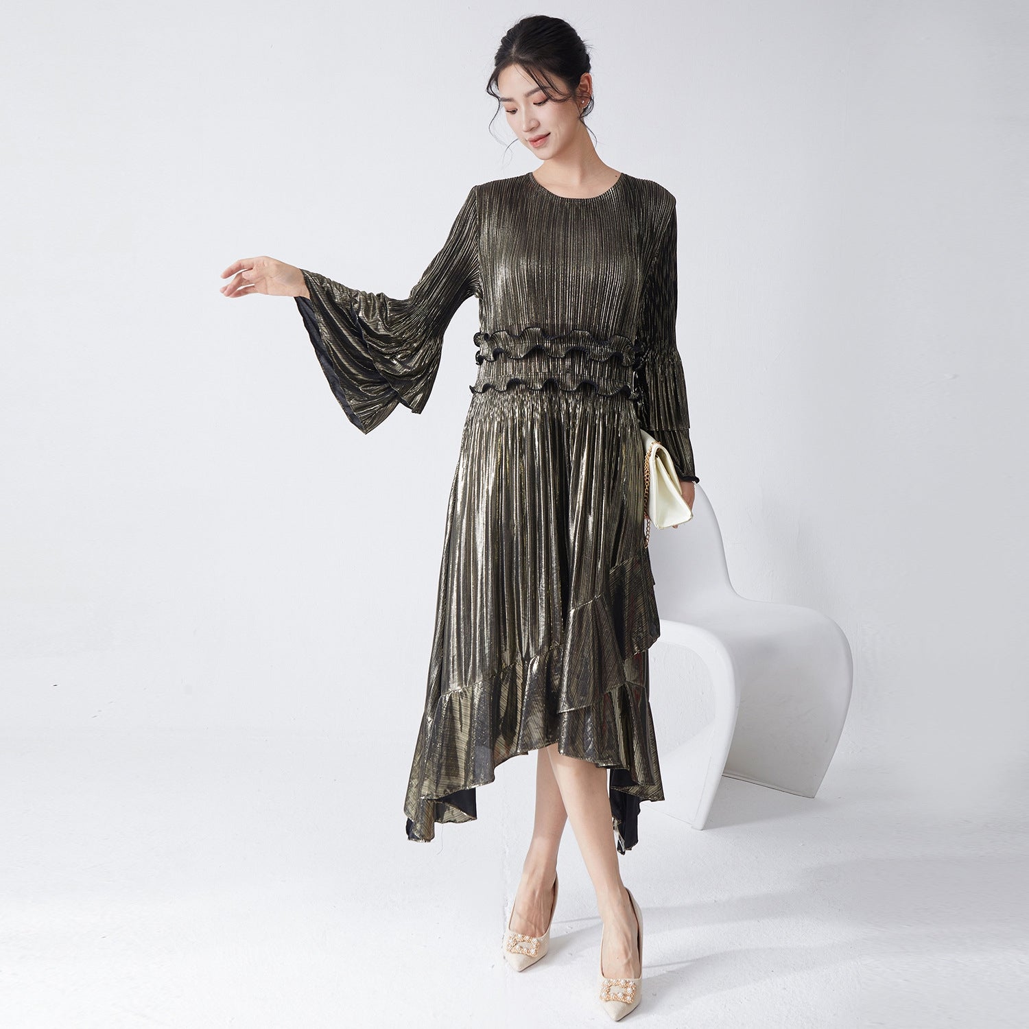 Pleated Metallic Black Dress