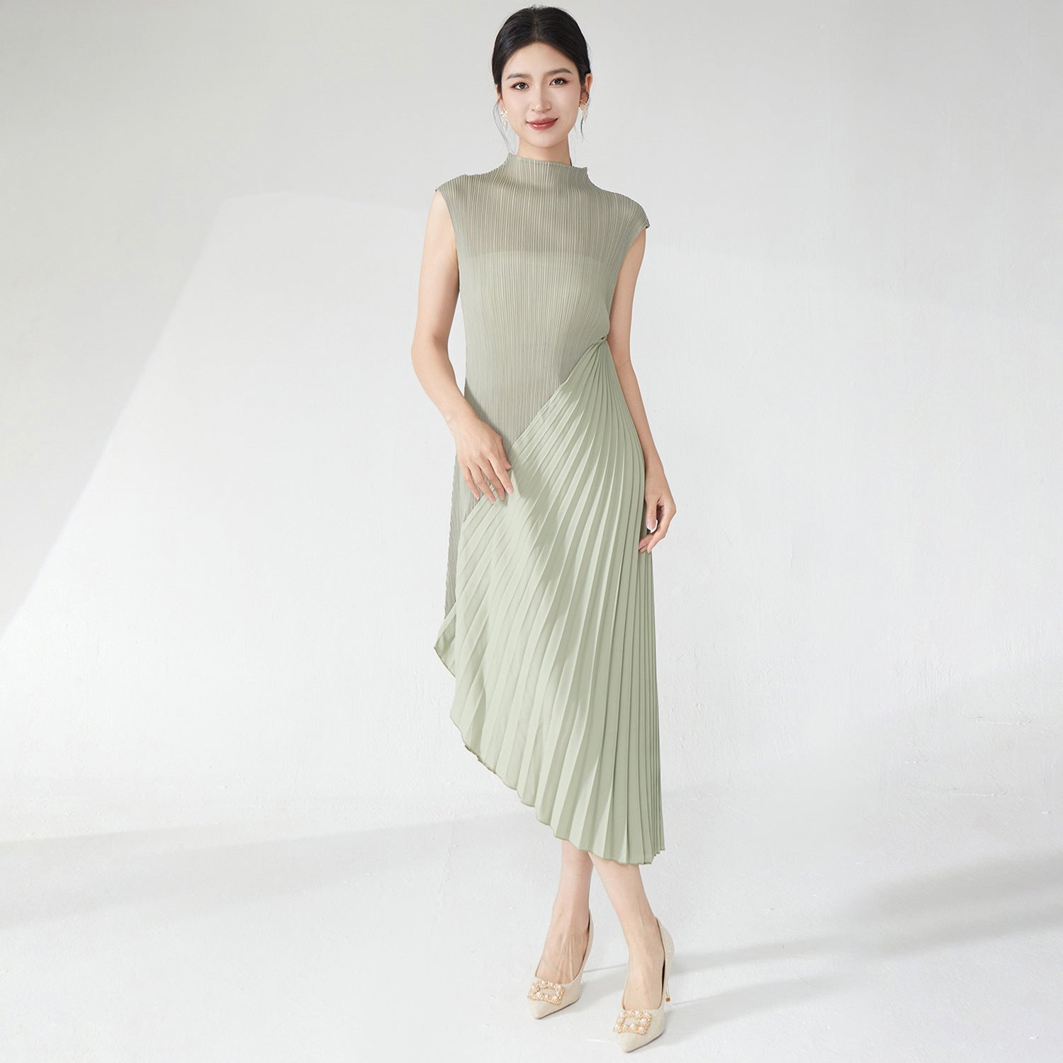 Ash Green Pleated Asymmetrical Midi Dress