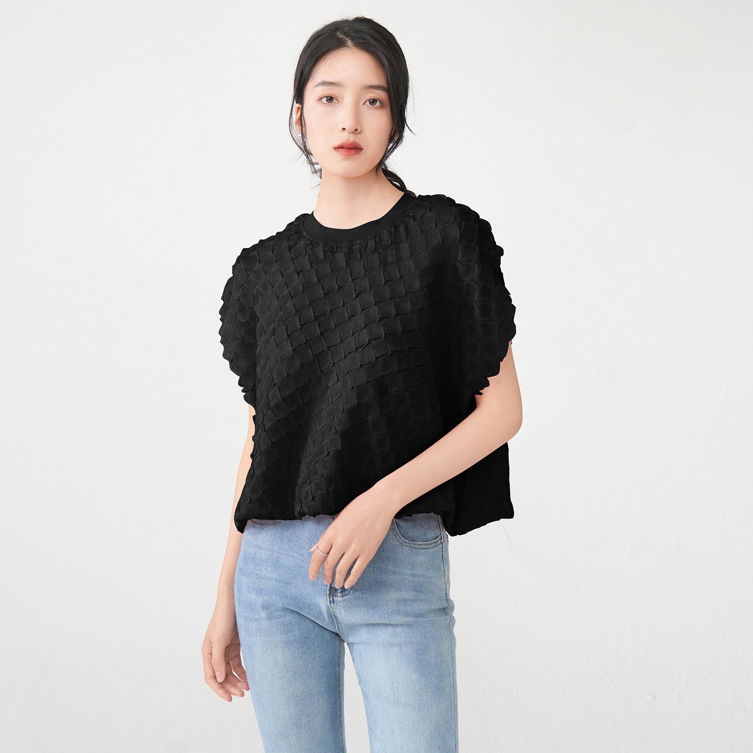 Black Waffle Knit Loose Top