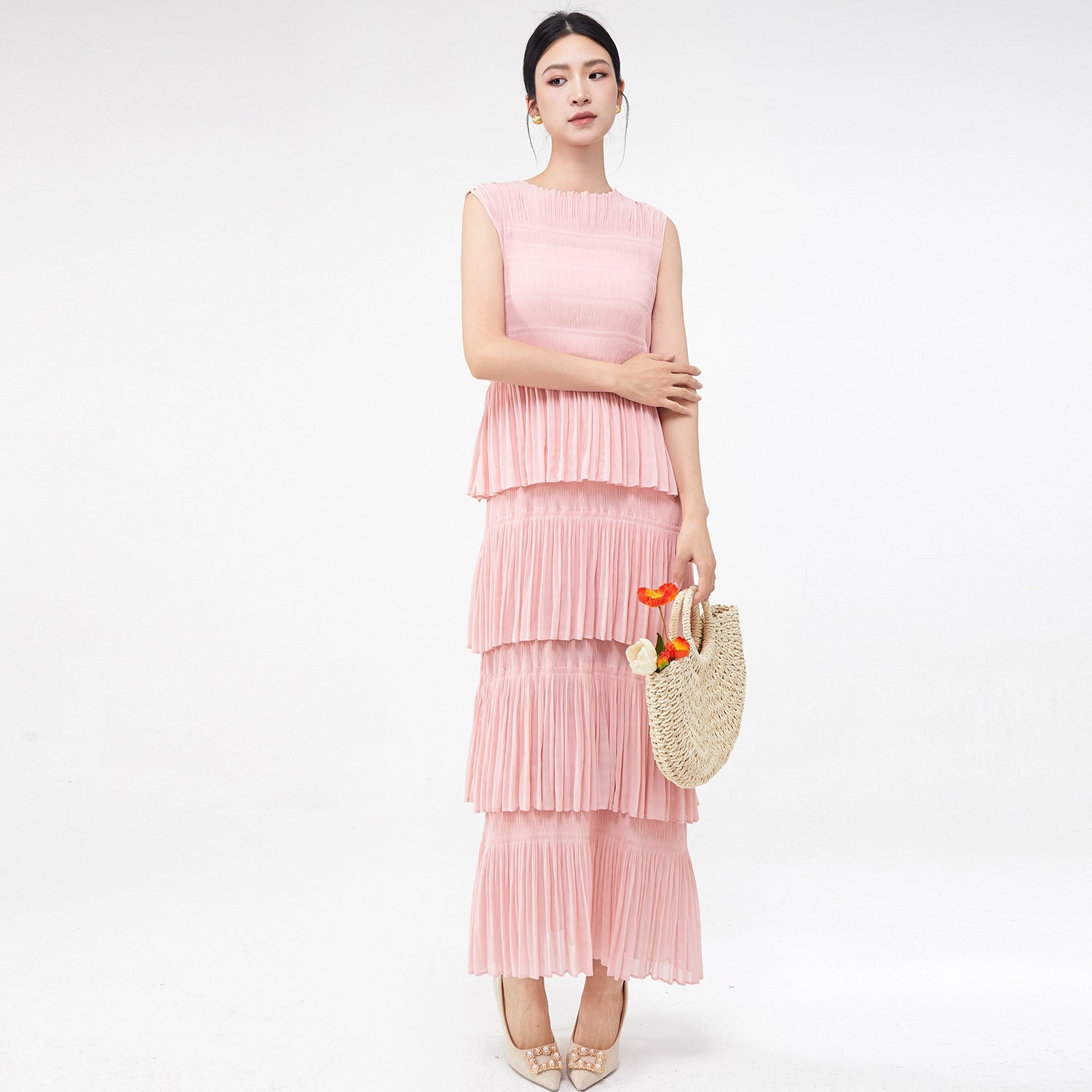Cotton Candy Multi Tiered Pleated Pink Dress
