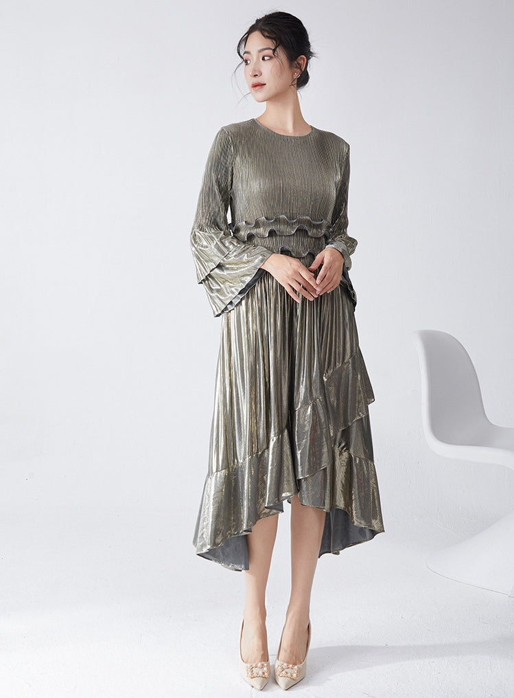 Pleated Metallic Iron Grey Dress
