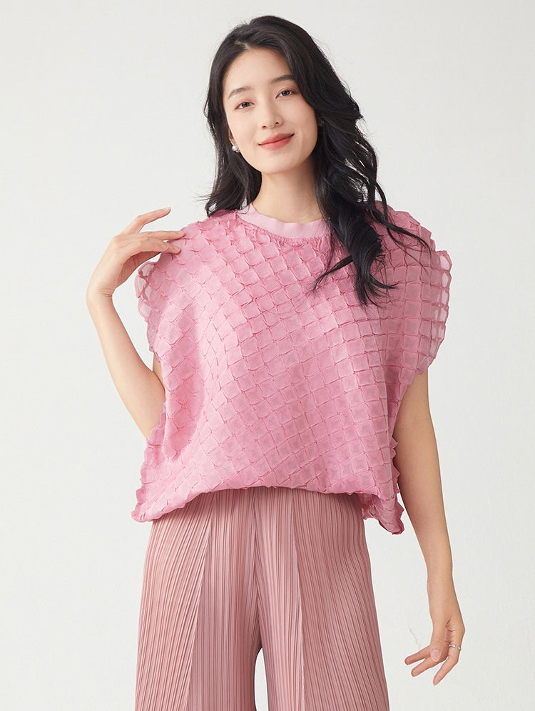 Rosé Petal Mesh Miyaki Fold Pullover Top