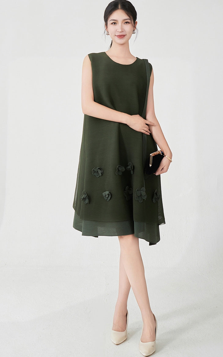 Pleated Floral Applique Deep Green Dress
