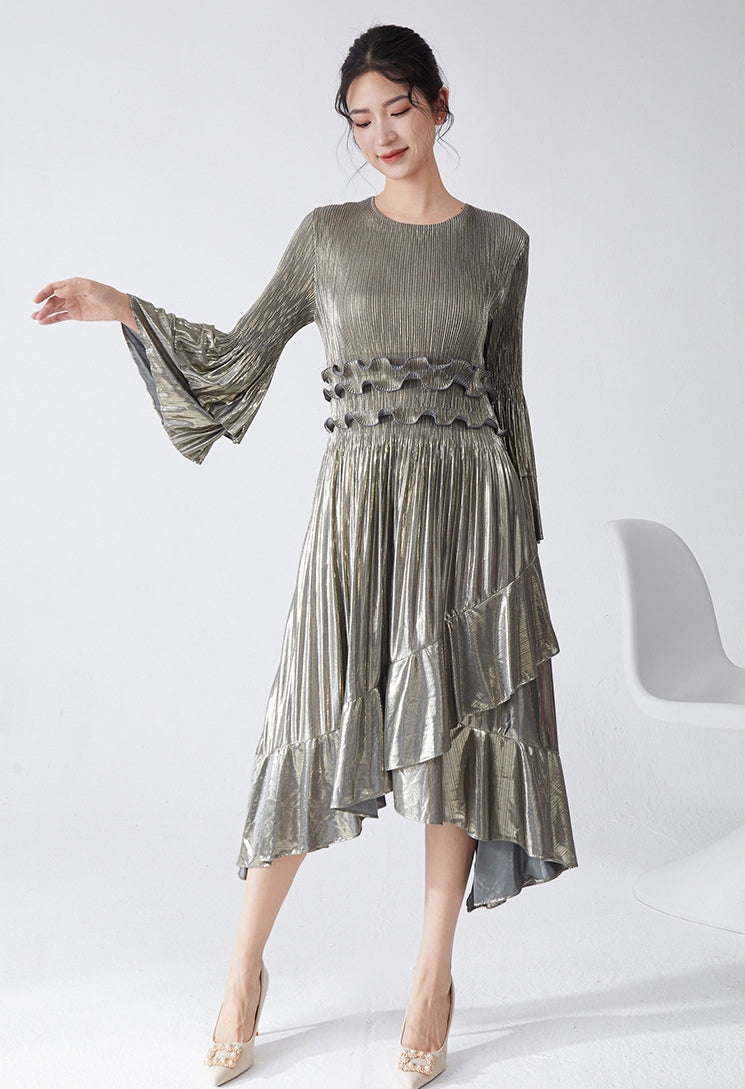 Pleated Metallic Iron Grey Dress