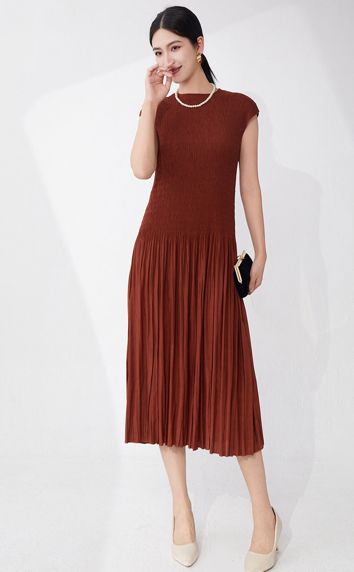 Cocoa Drape Pleated Brown Dress