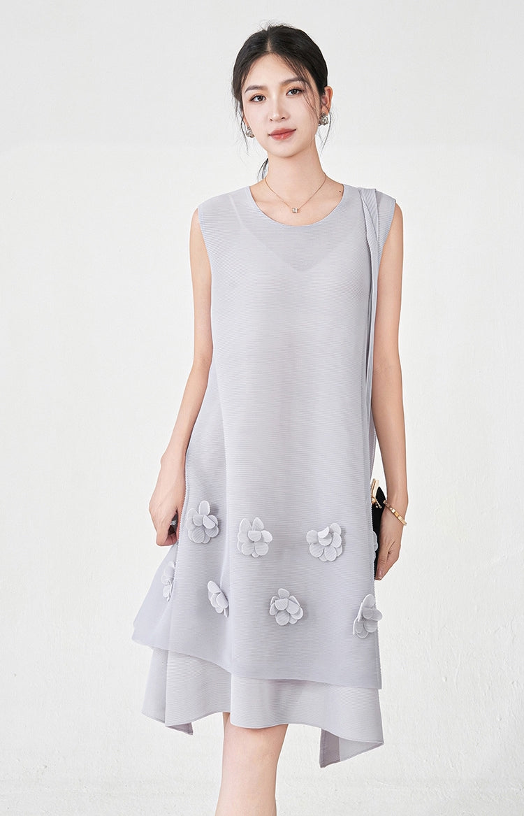 Pleated Floral Applique Ash Grey Dress