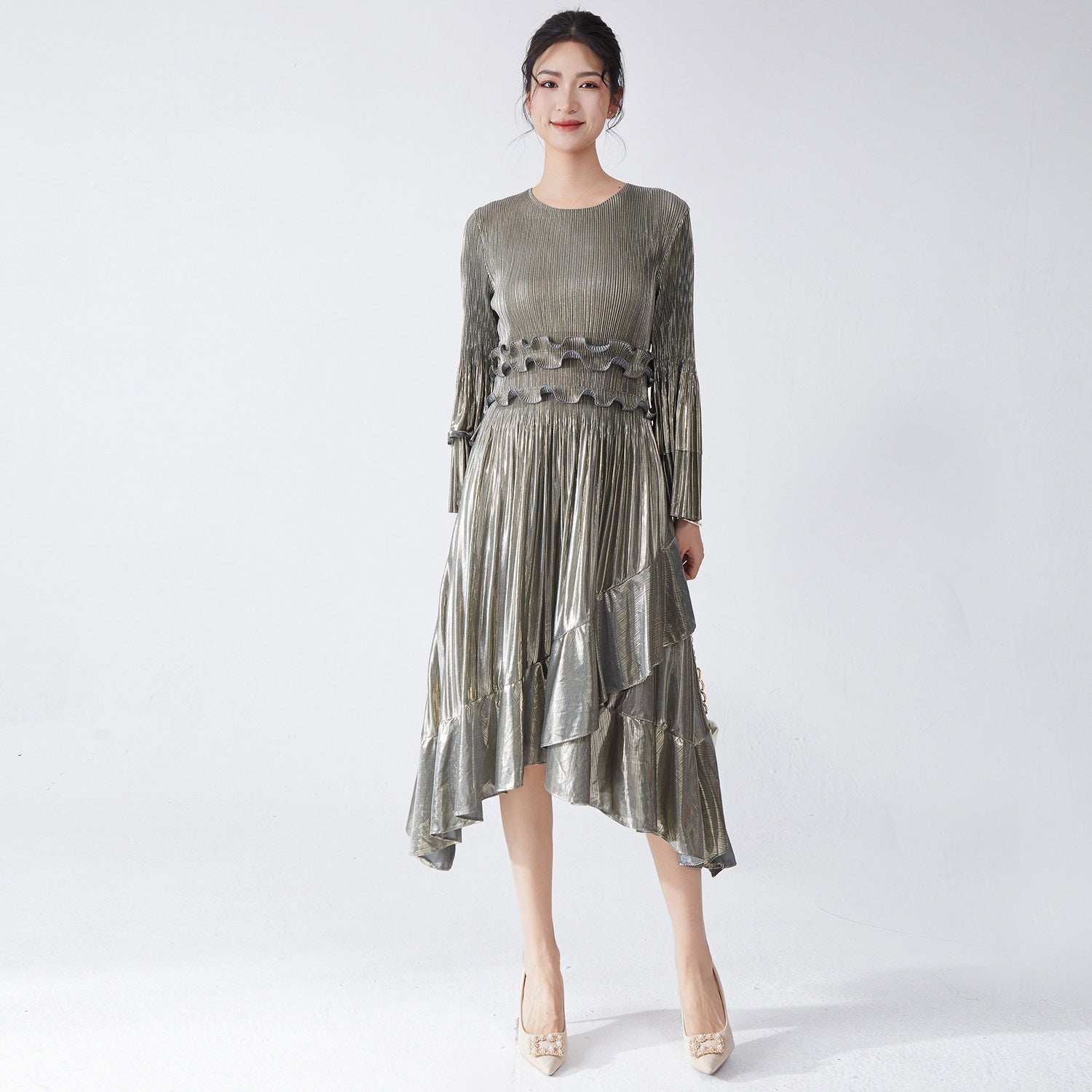 Pleated Metallic Iron Grey Dress