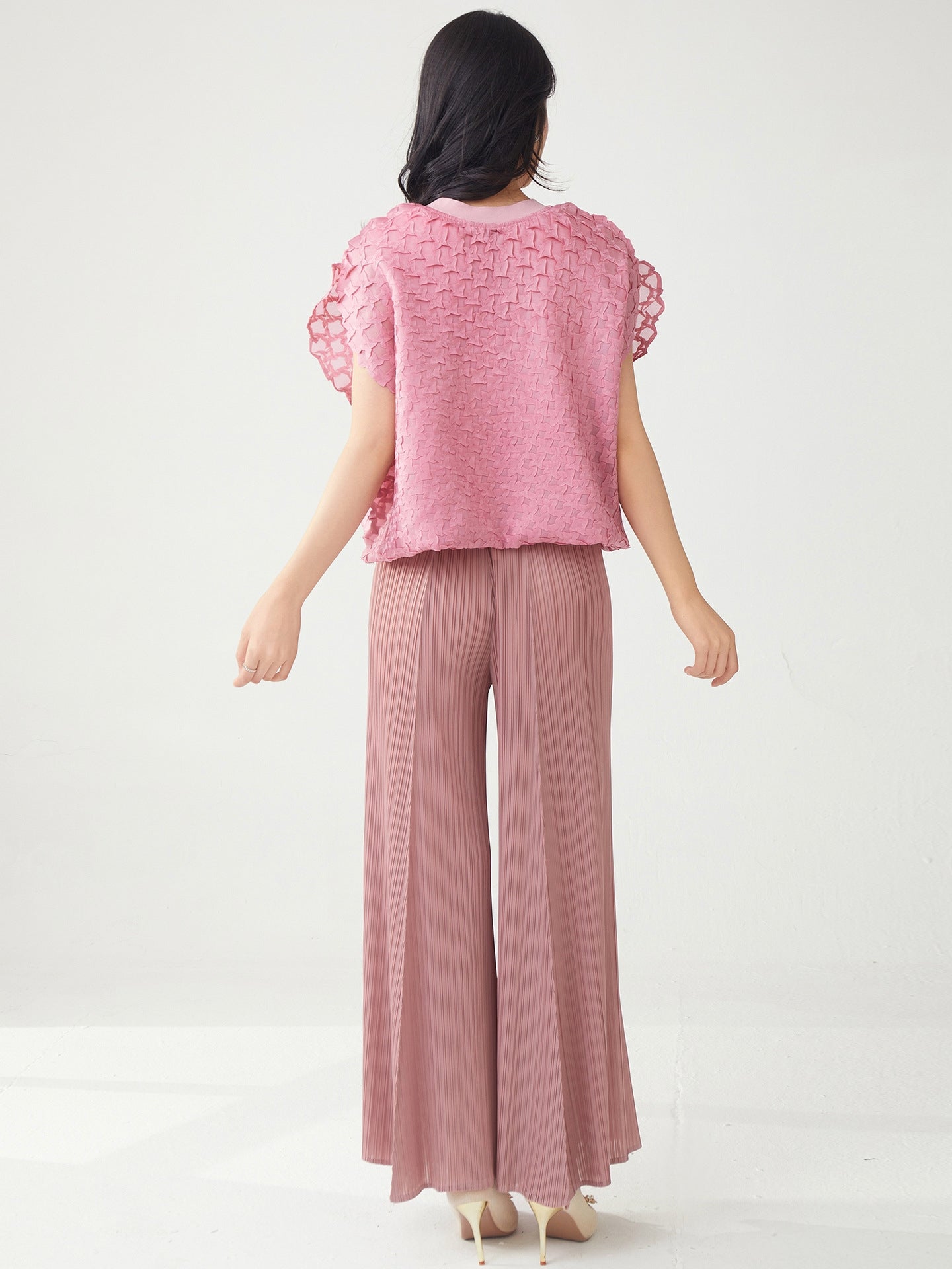 Rosé Petal Mesh Miyaki Fold Pullover Top