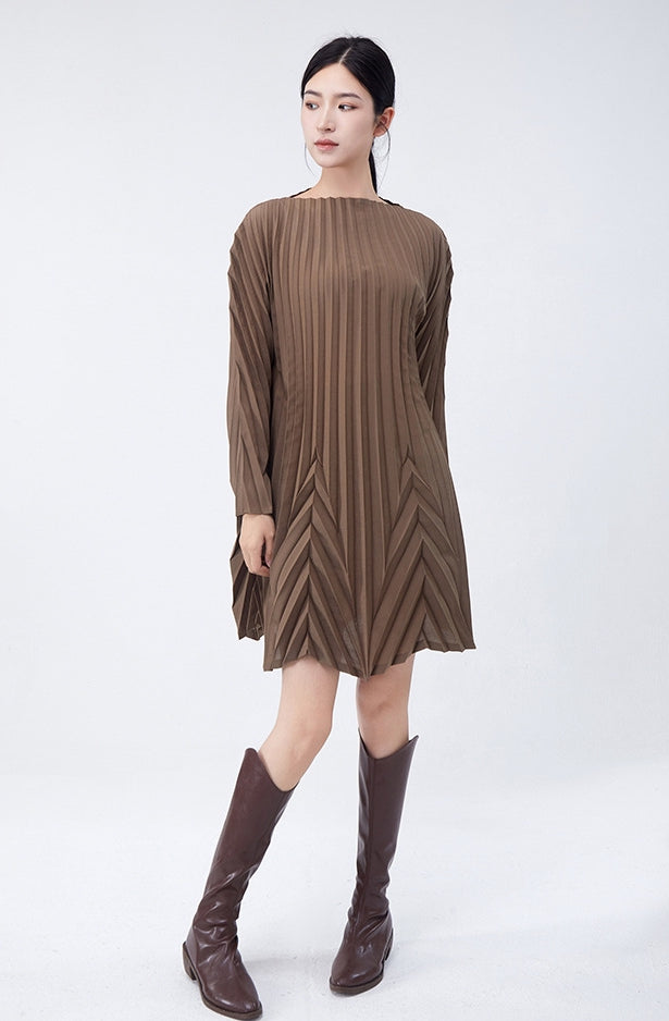 Swing Pleated A Line Mini Brown Dress