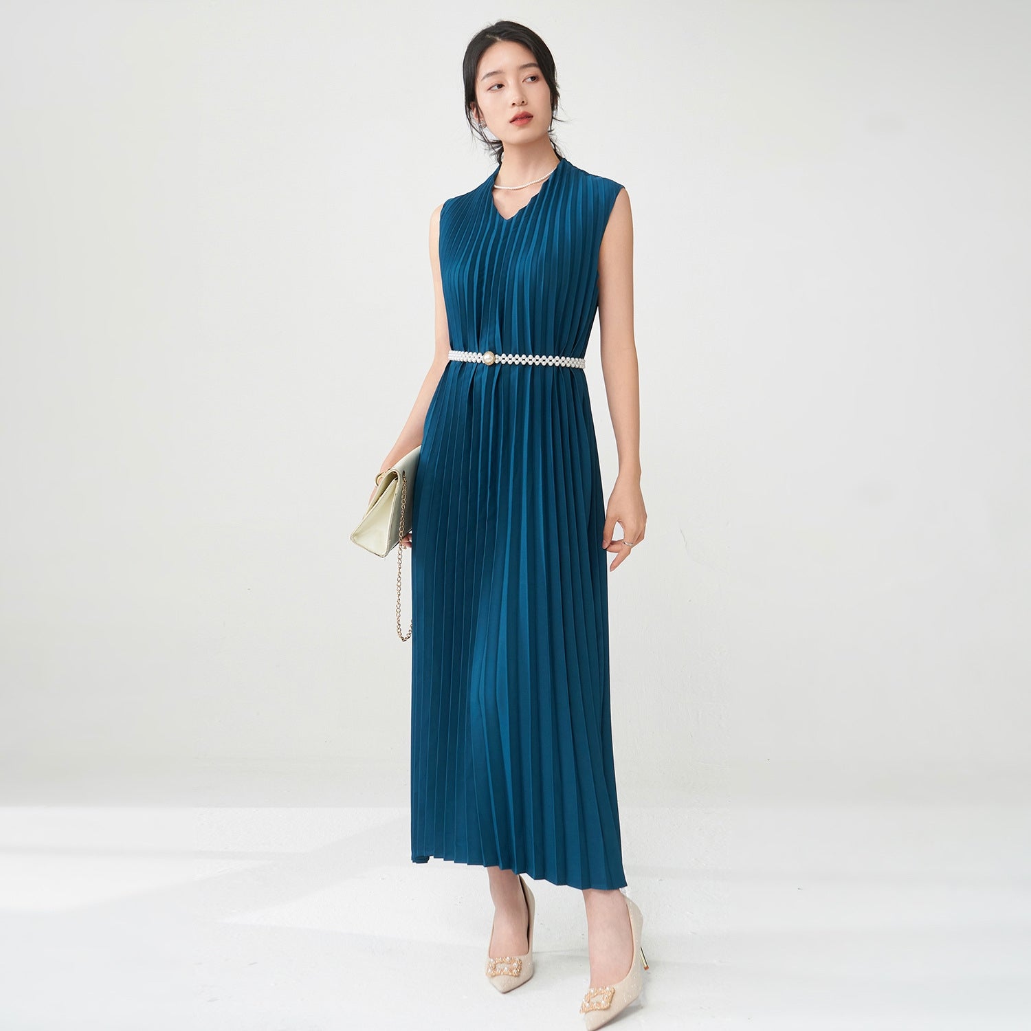 Teal Blue Pleated Dress