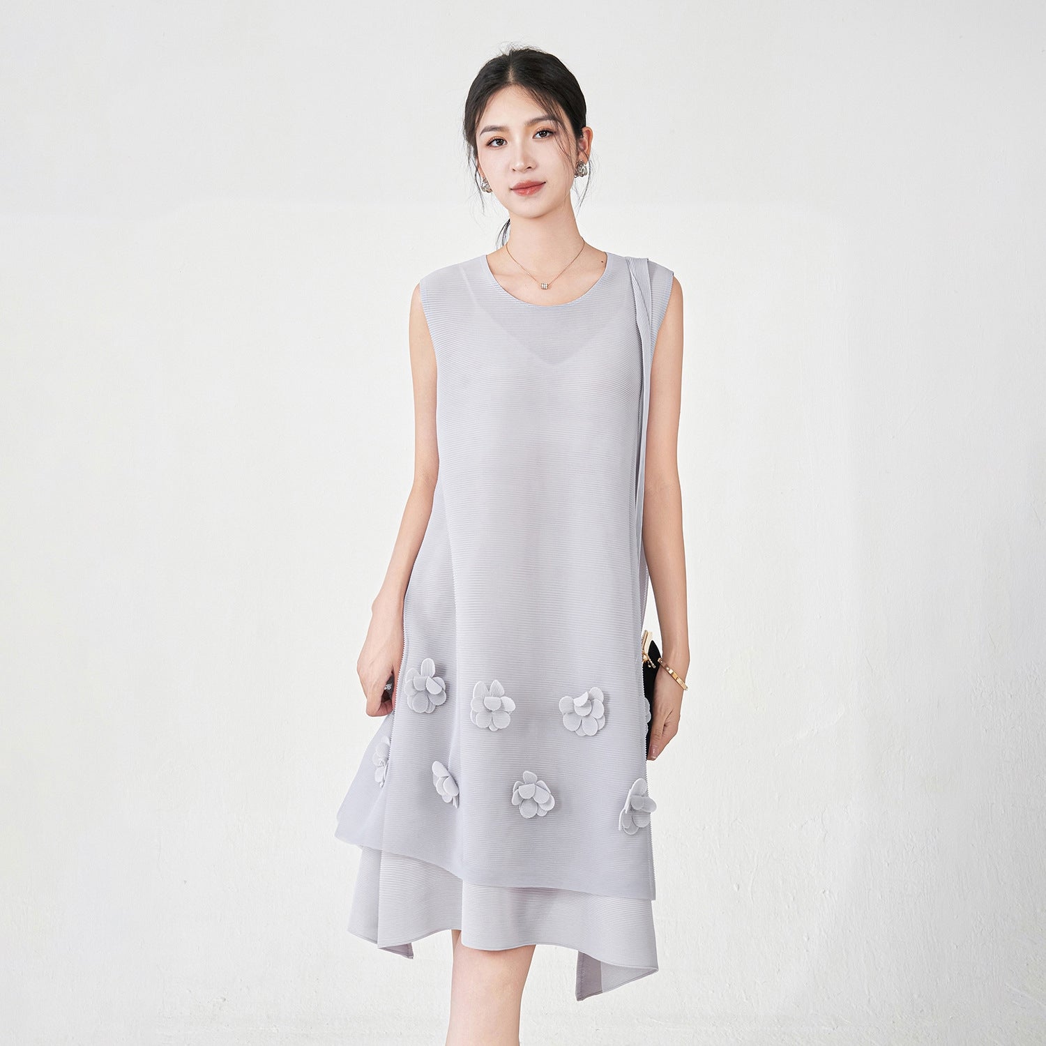 Pleated Floral Applique Ash Grey Dress