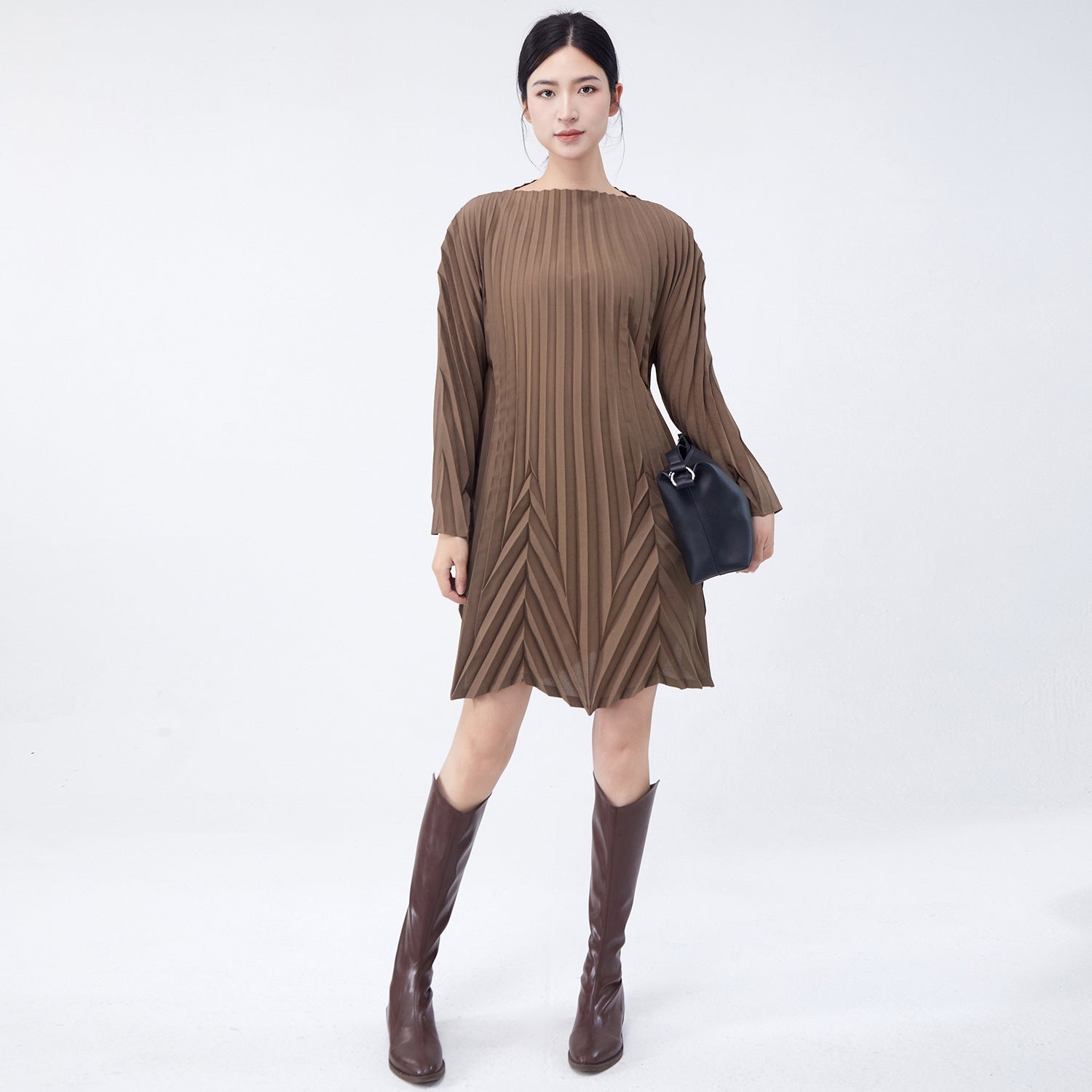 Swing Pleated A Line Mini Brown Dress