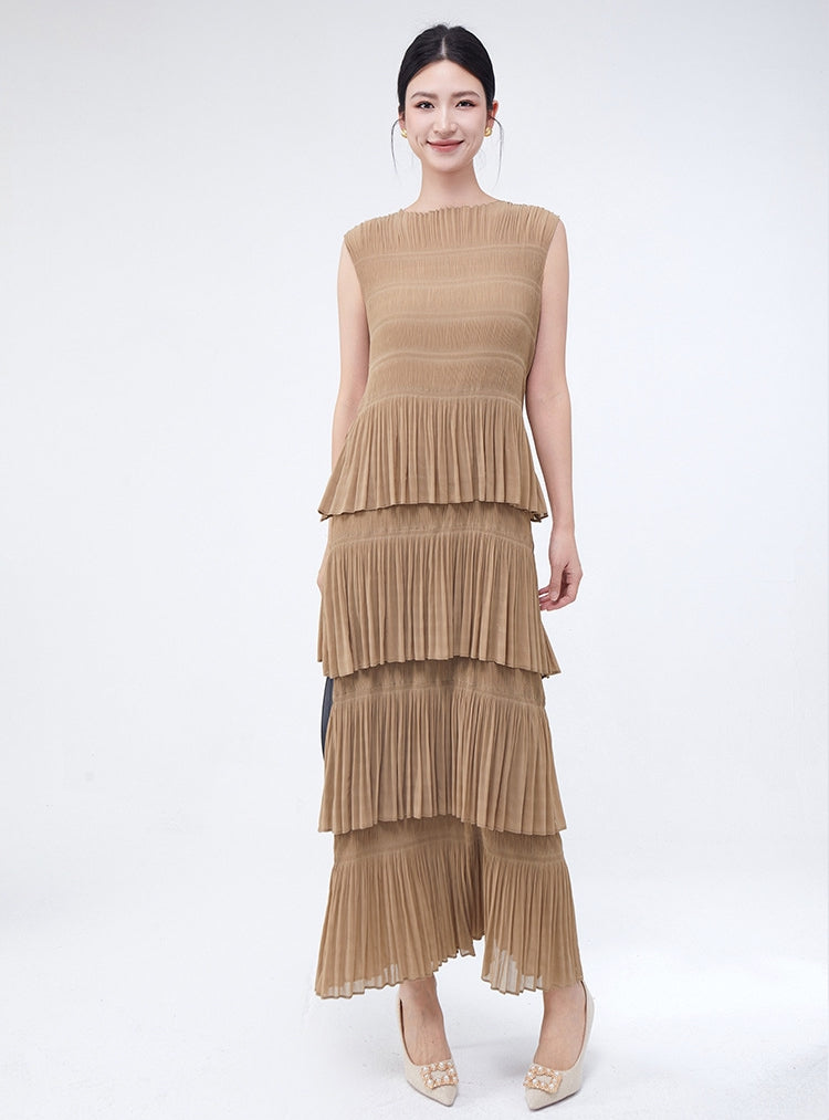 Sandy Breeze Pleated Muti Tiered Khaki Dress