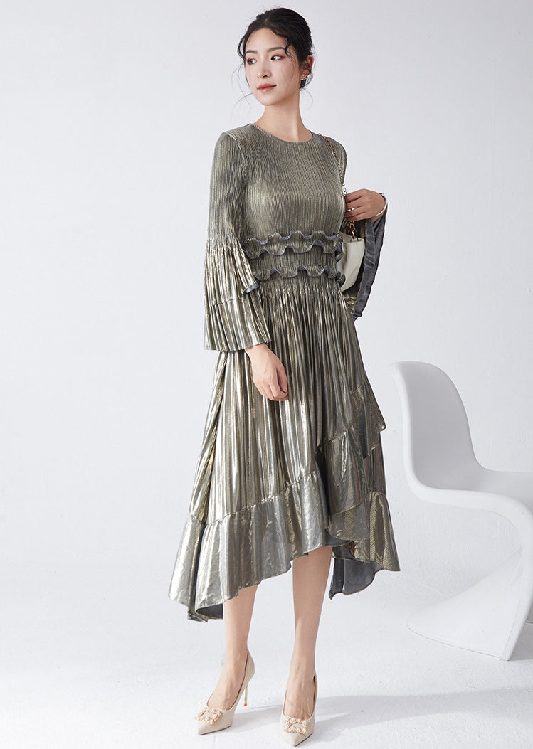 Pleated Metallic Iron Grey Dress