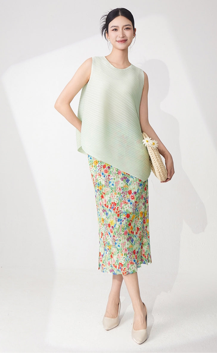 Pistachio Pleated Top & Floral Pleated Skirt Set