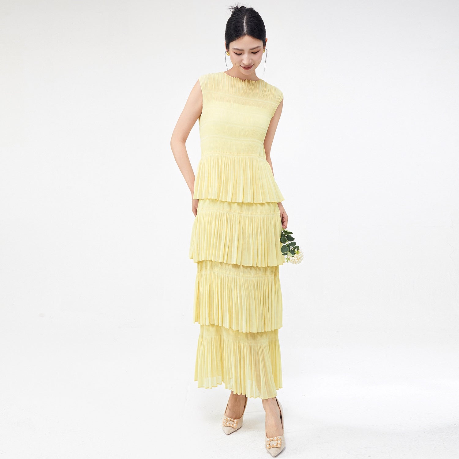 Sunbeam Pleated Multi Tiered Yellow Dress