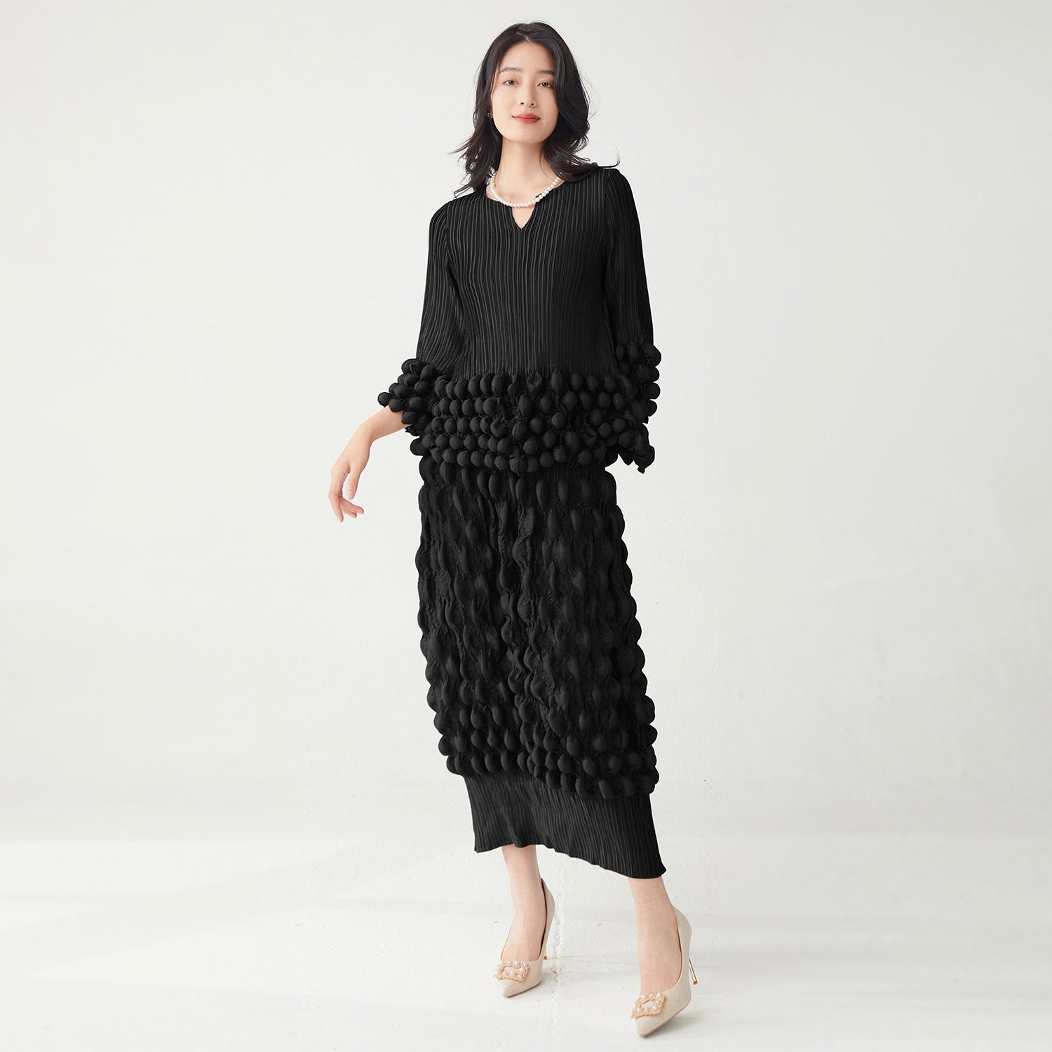 Midnight Bloom Bold Bobble Black Dress