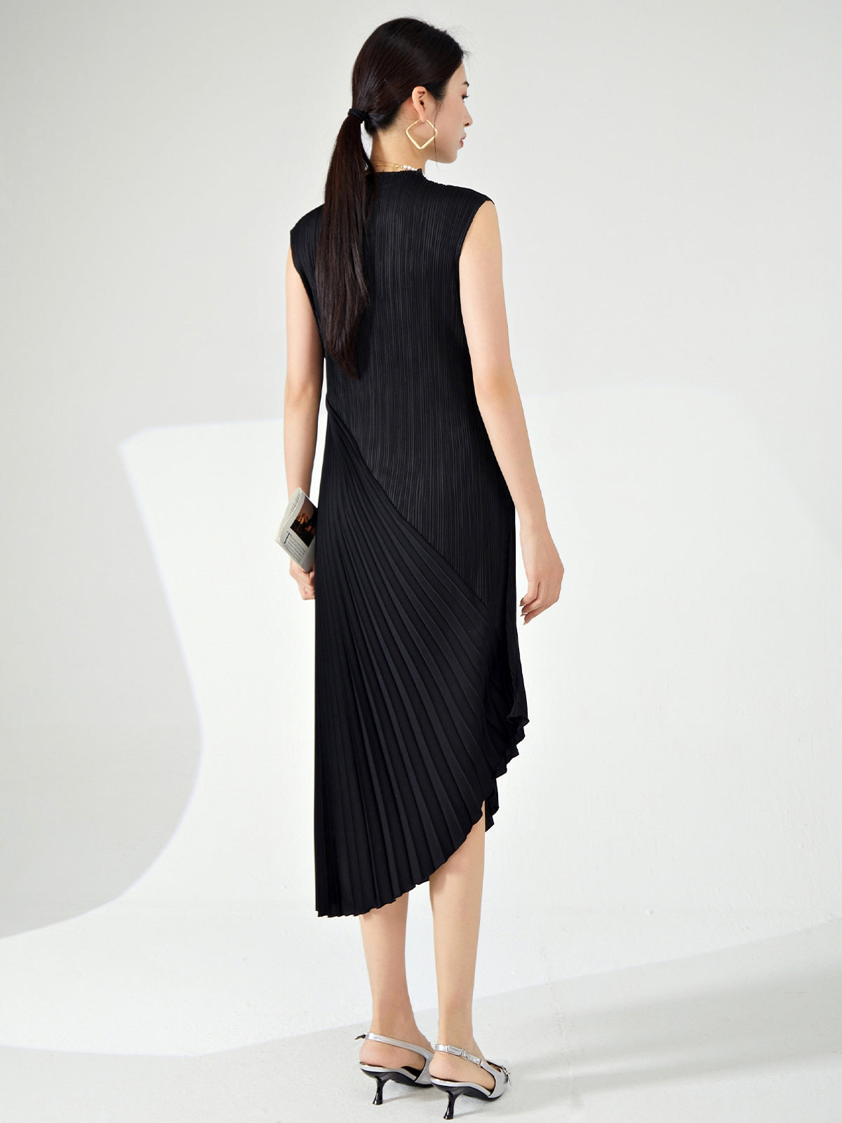 Shadow Fold Pleated Black Dress