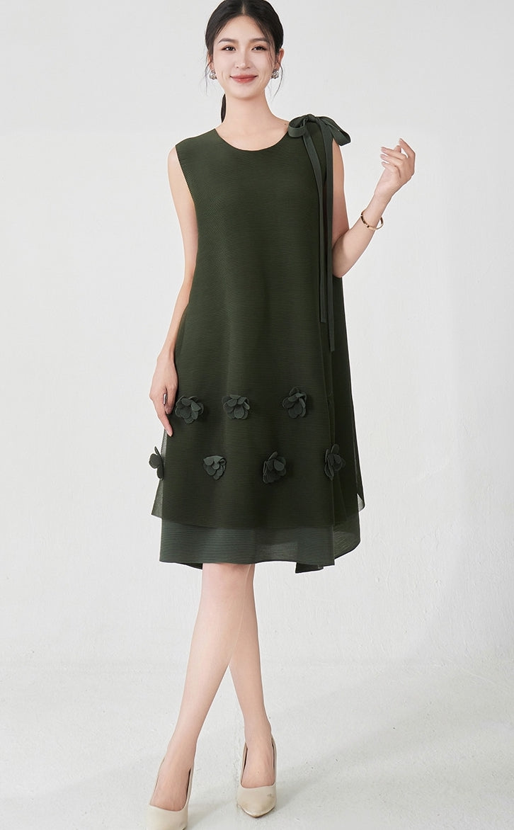 Pleated Floral Applique Deep Green Dress