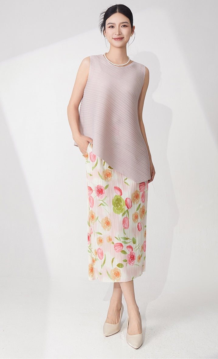 Mauve Pleated Top & Floral Pleated Skirt Set