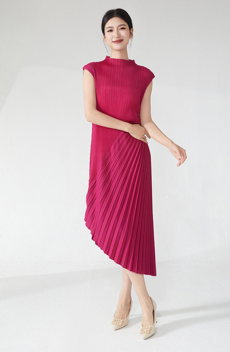 Rose Red Pleated Asymmetrical Dress
