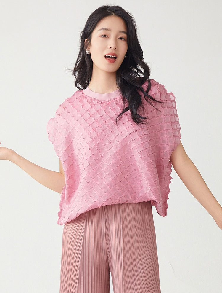 Rosé Petal Mesh Miyaki Fold Pullover Top