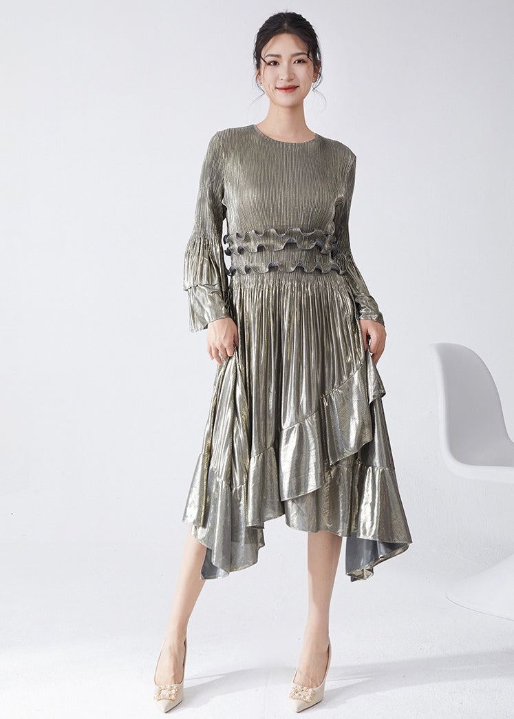 Pleated Metallic Iron Grey Dress