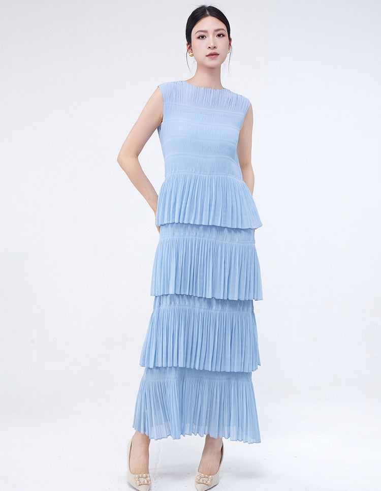 Ocean Waves Multi Tiered Pleated Blue Dress