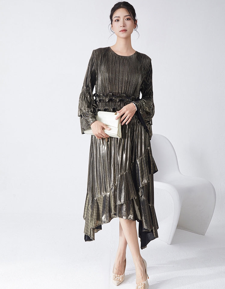 Pleated Metallic Black Dress