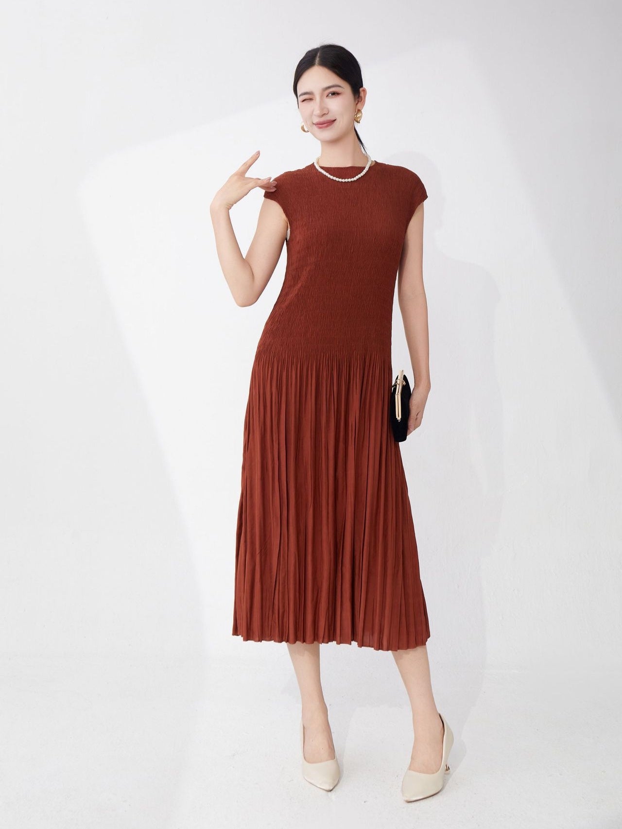 Cocoa Drape Pleated Brown Dress