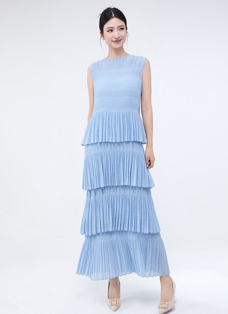 Ocean Waves Multi Tiered Pleated Blue Dress