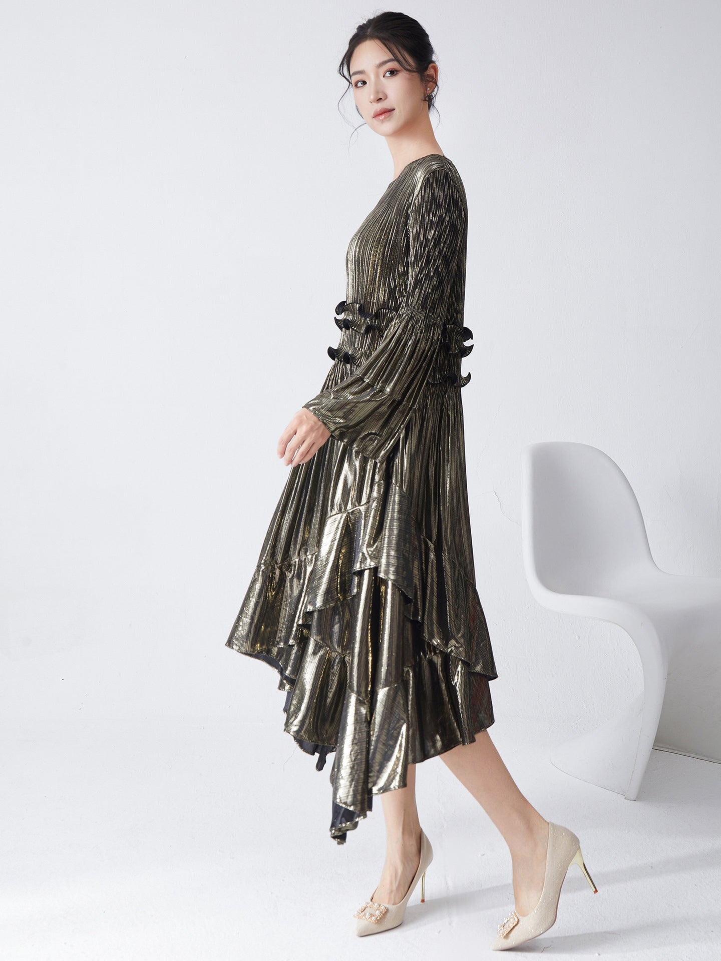 Pleated Metallic Black Dress