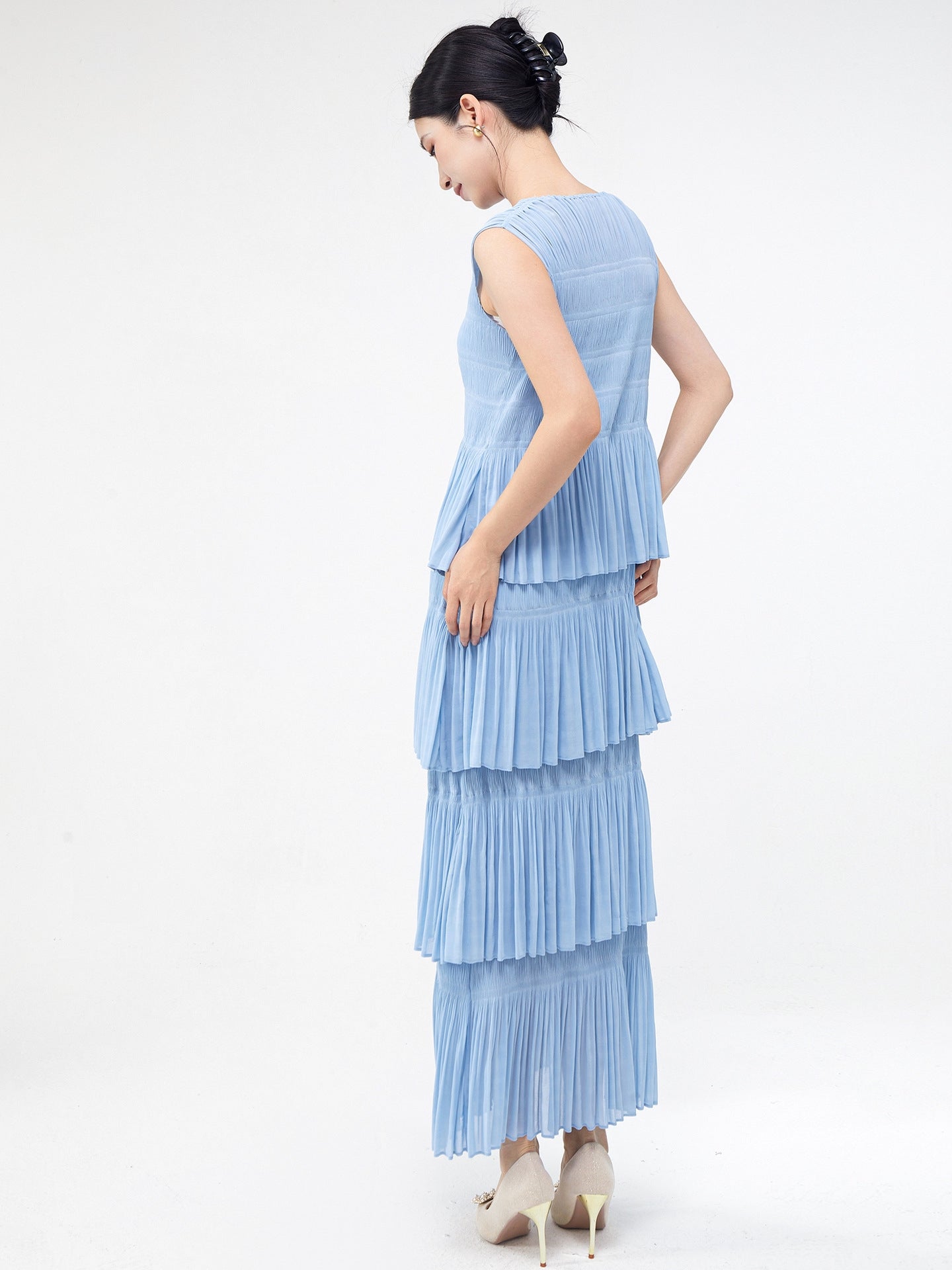 Ocean Waves Multi Tiered Pleated Blue Dress