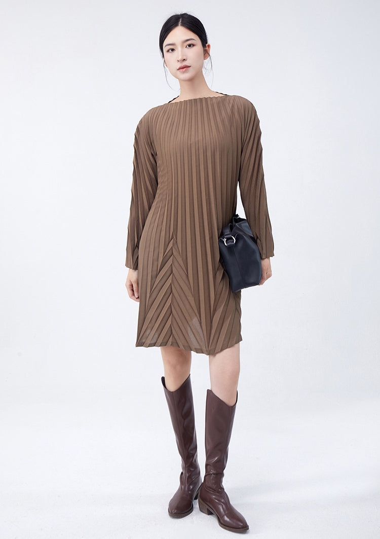 Swing Pleated A Line Mini Brown Dress