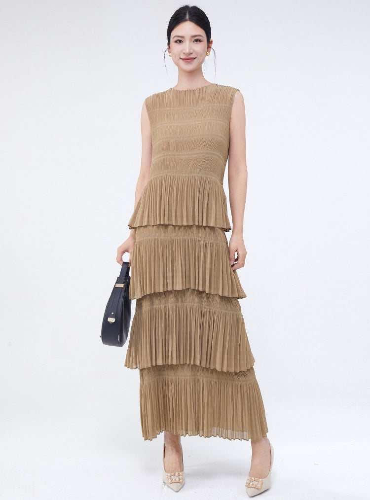 Sandy Breeze Pleated Muti Tiered Khaki Dress