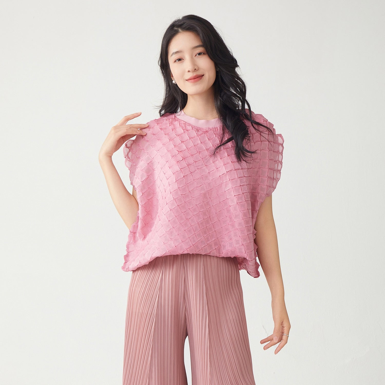 Rosé Petal Mesh Miyaki Fold Pullover Top