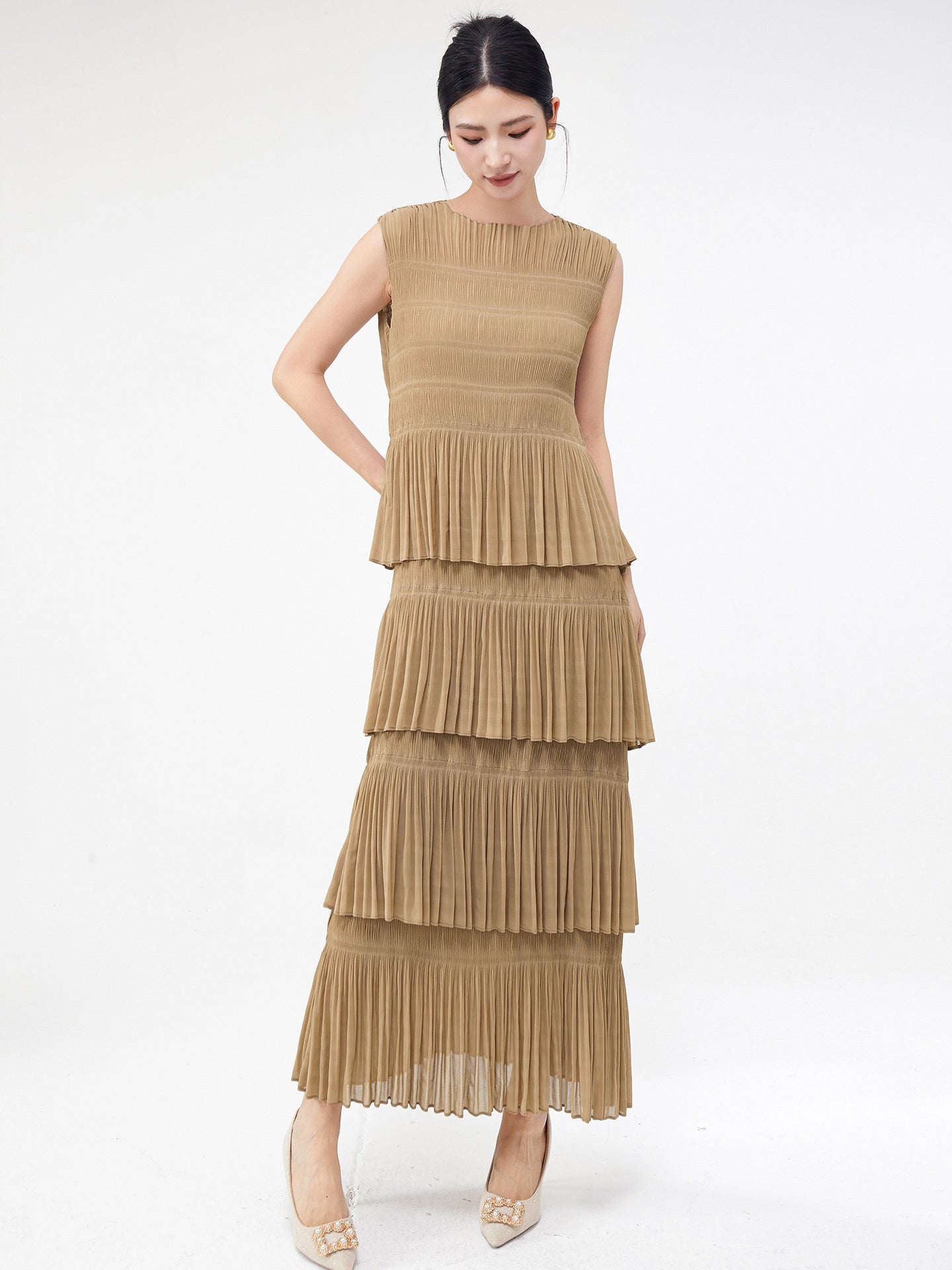 Sandy Breeze Pleated Muti Tiered Khaki Dress