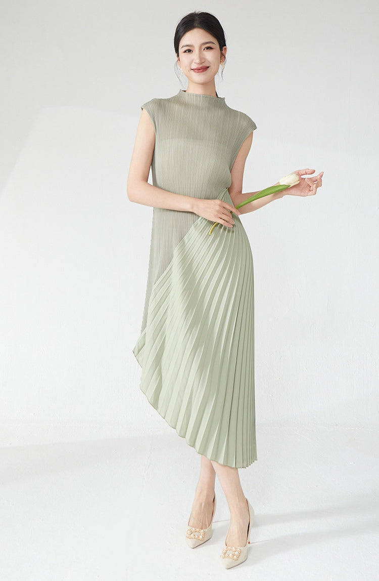 Ash Green Pleated Asymmetrical Midi Dress