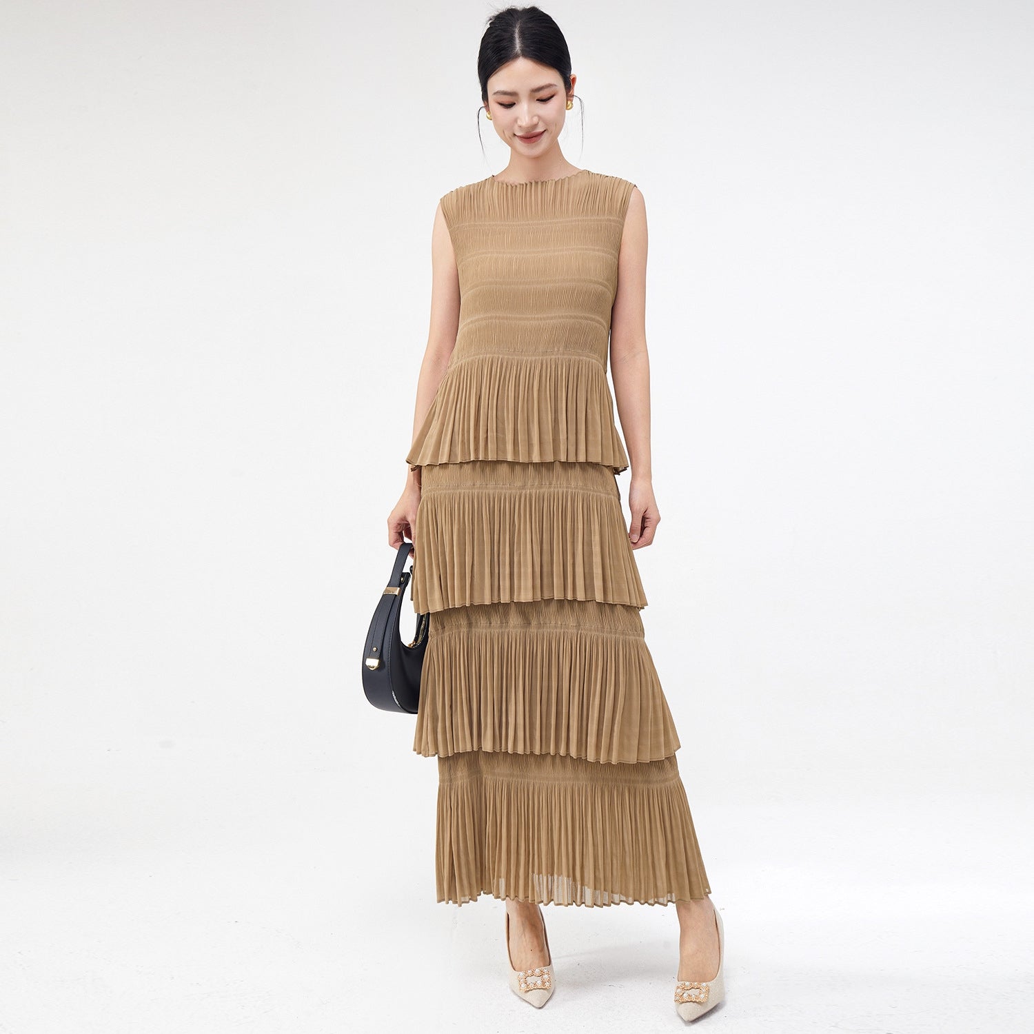 Sandy Breeze Pleated Muti Tiered Khaki Dress